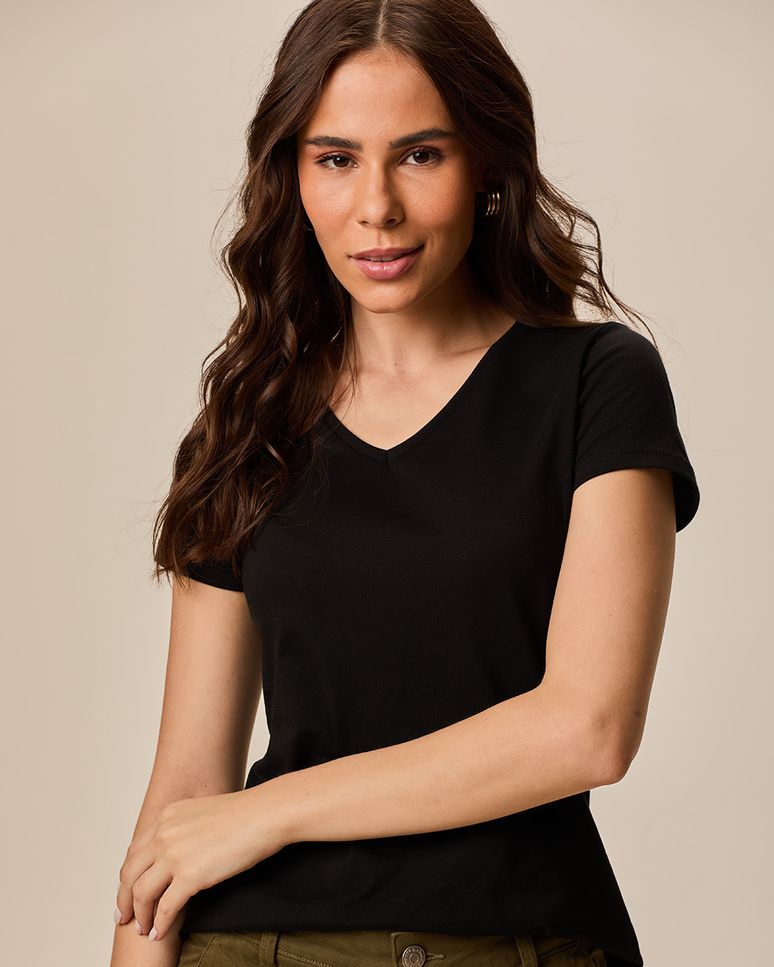 Blusa Básica Feminina Decote V Em Algodão