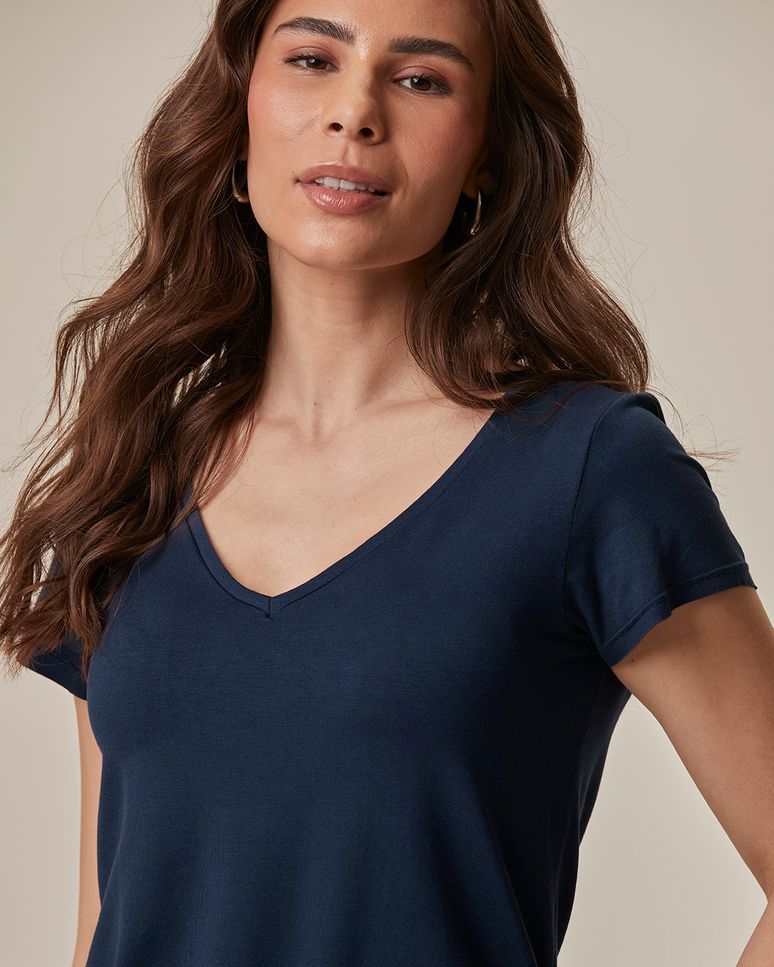 Blusa Básica Feminina Mullet Decote V Em Viscose Stretch