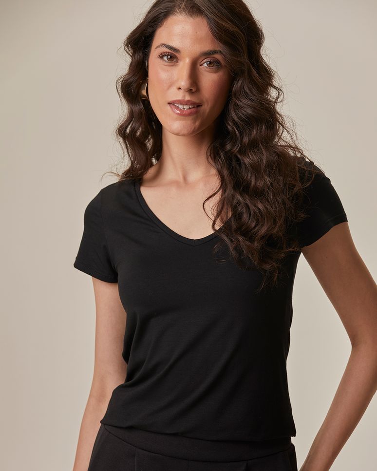 Blusa Básica Feminina Mullet Decote V Em Viscose Stretch