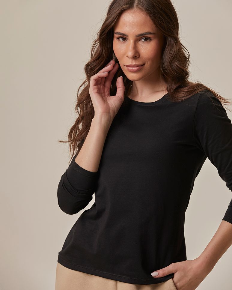 Blusa Básica Feminina Decote Redondo Manga Longa Em Algodão