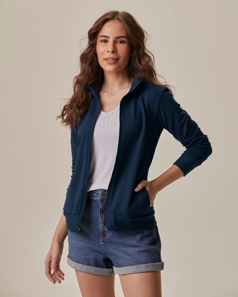 Jaqueta Básica Feminina Gola Alta Moletom Stretch Flanelado