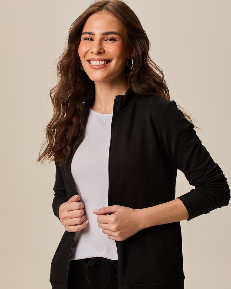 Jaqueta Básica Feminina Gola Alta Moletom Stretch Flanelado