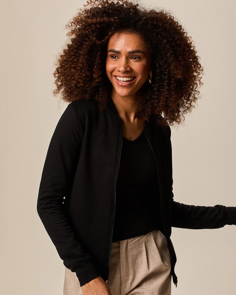 Jaqueta Básica Feminina Bolso Lateral Em Moletom Flanelado