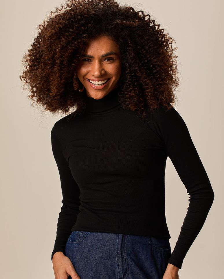 Blusa Básica Feminina Gola Alta Manga Longa Em Ribana