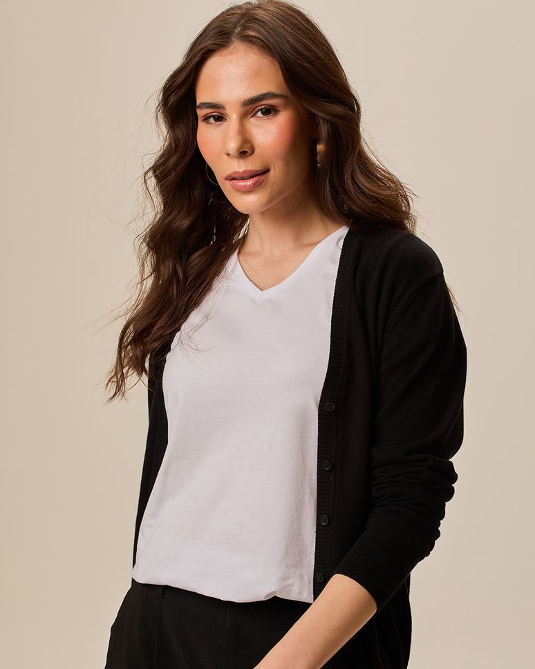 Cardigan Básico Feminino Decote V Em Tricô