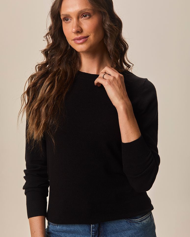 Suéter Básico Feminino Decote Redondo Em Tricô