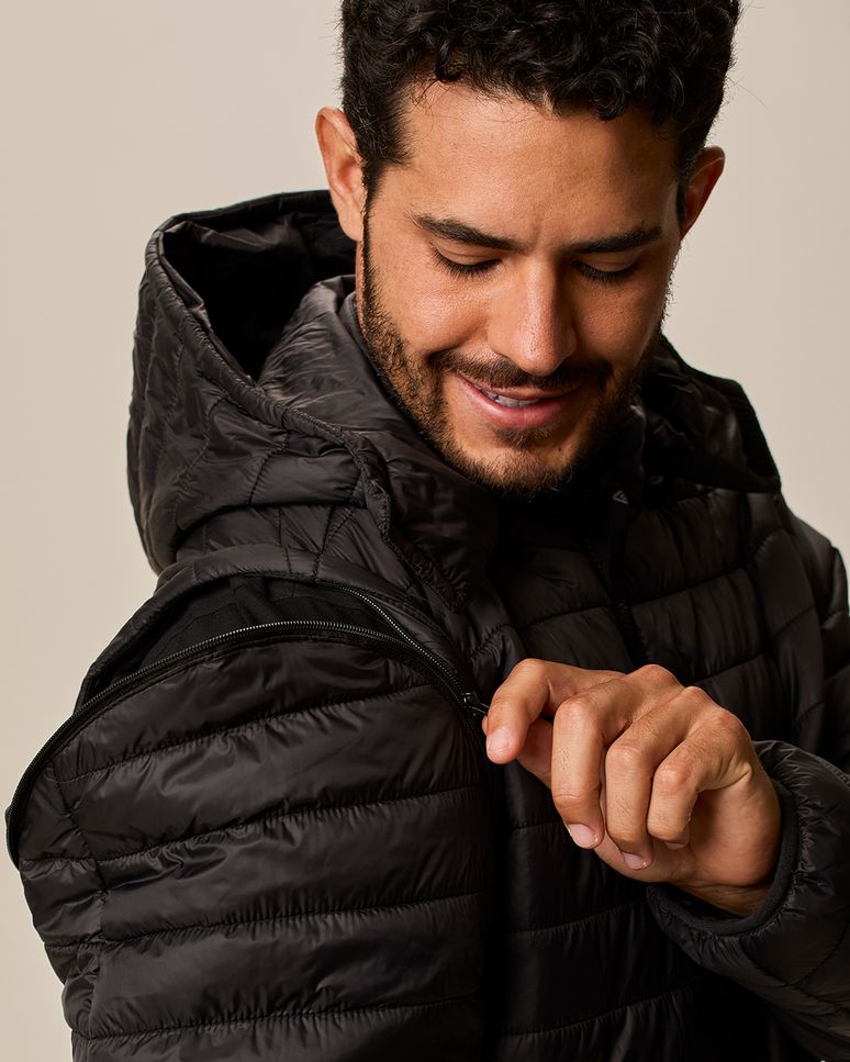 Jaqueta Puffer Masculina Manga E Capuz Removíveis Em Nylon