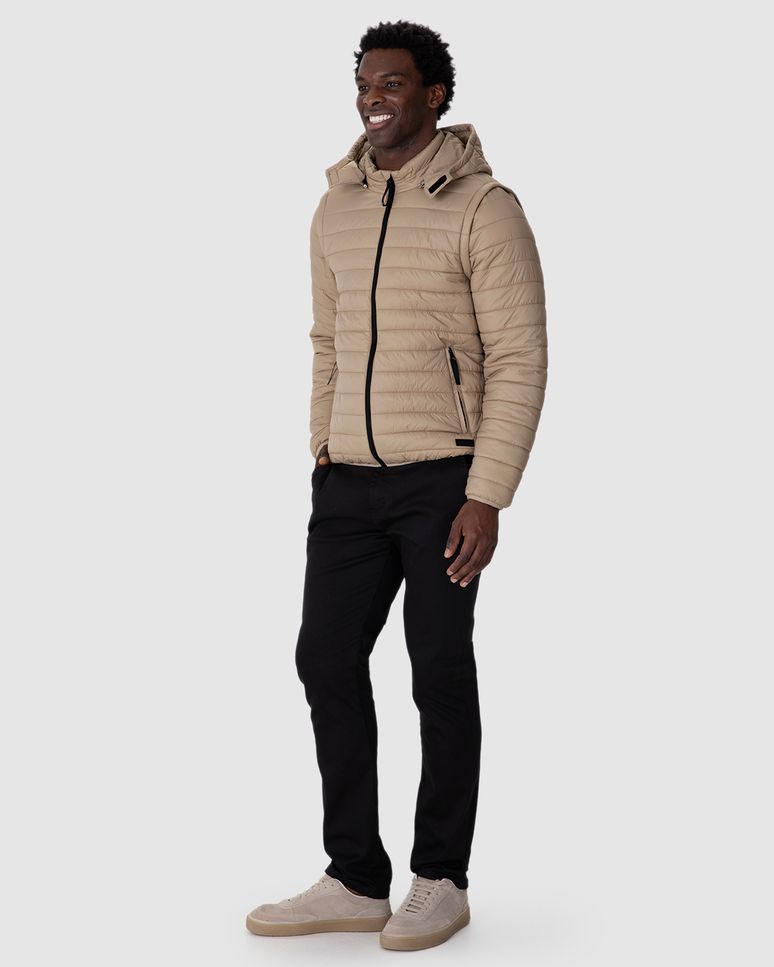 Jaqueta Puffer Masculina Manga E Capuz Removíveis Em Nylon