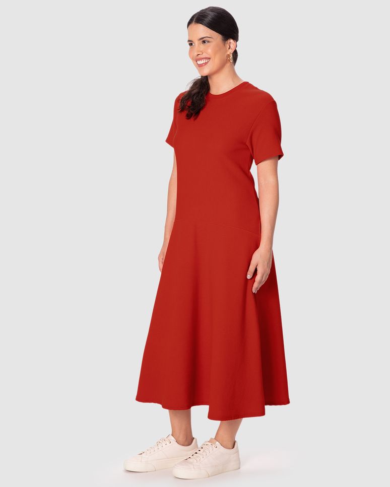 Vestido Midi Feminino Amplo Recorte Frontal Em Malha Canelada Texturizada