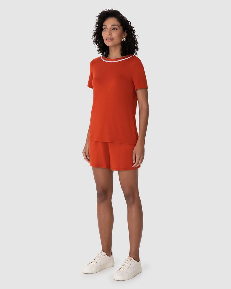 Conjunto Feminino Blusa Gola Detalhada E Shorts Em Moletinho De Viscose