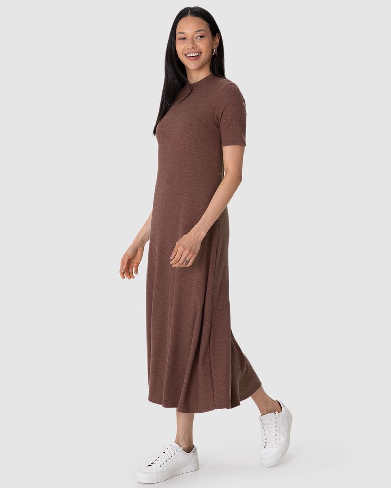 Vestido Midi Feminino Evasê Acinturado Em Malha Canelada Rajada