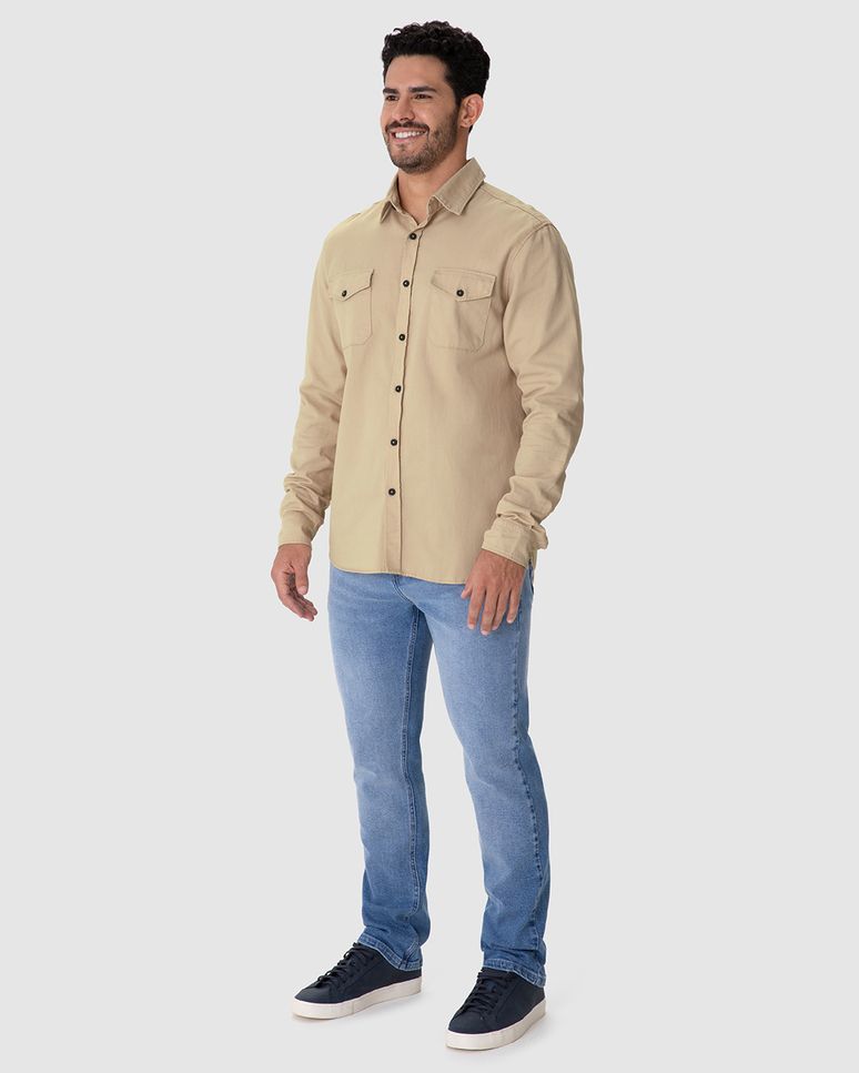 Camisa Masculina Regular Bolso Frontal Em Sarja 100% Algodão