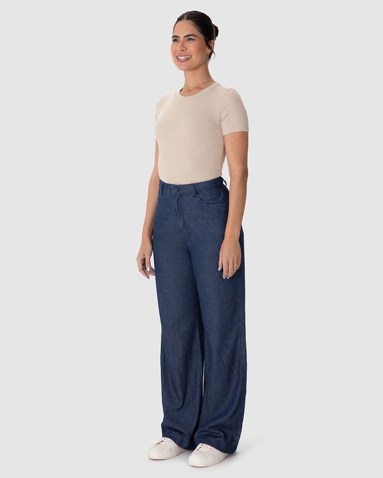 Calça Wide Leg Feminina Bolso Costas Em Jeans 100% Algodão