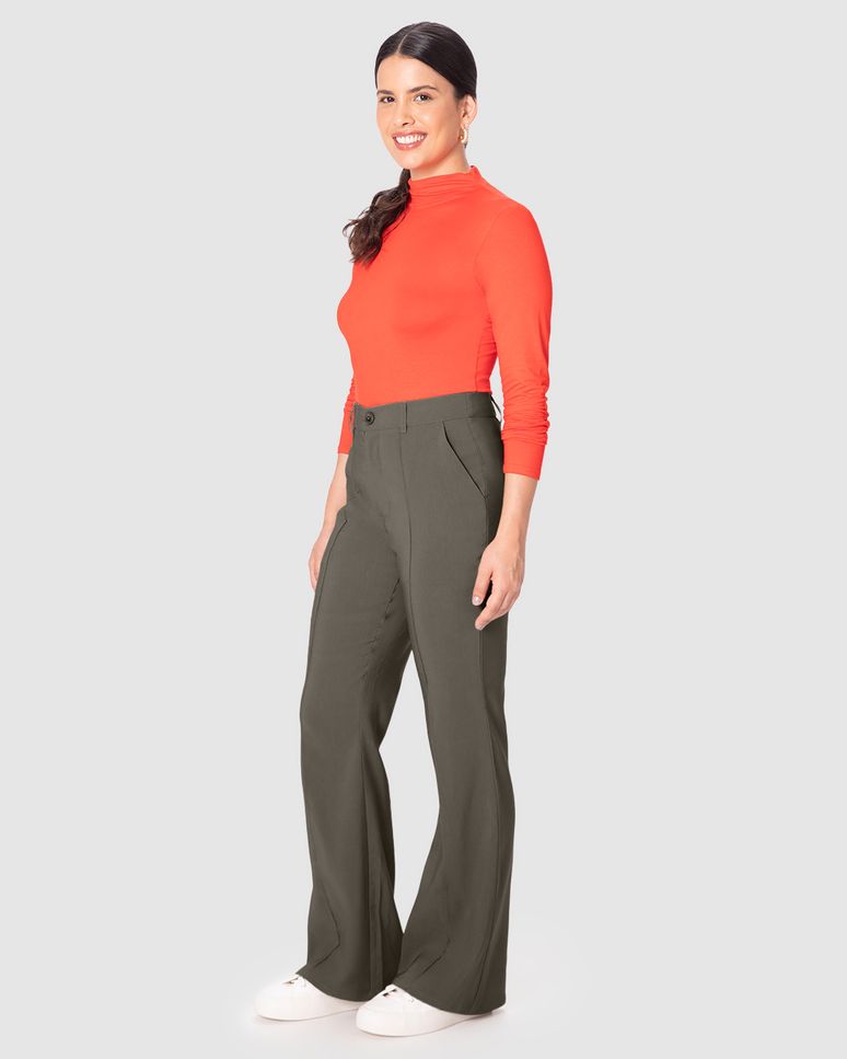 Calça Feminina Bootcut Recorte Frontal Bolso Faca Em Crepe Stretch