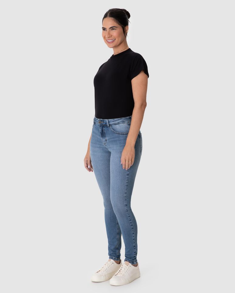 Calça Skinny Feminina Cintura Média Bolso Funcional Em Flex Jeans