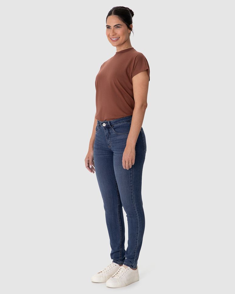 Calça Skinny Feminina Cintura Média Bolso Funcional Em Jeans Stretch
