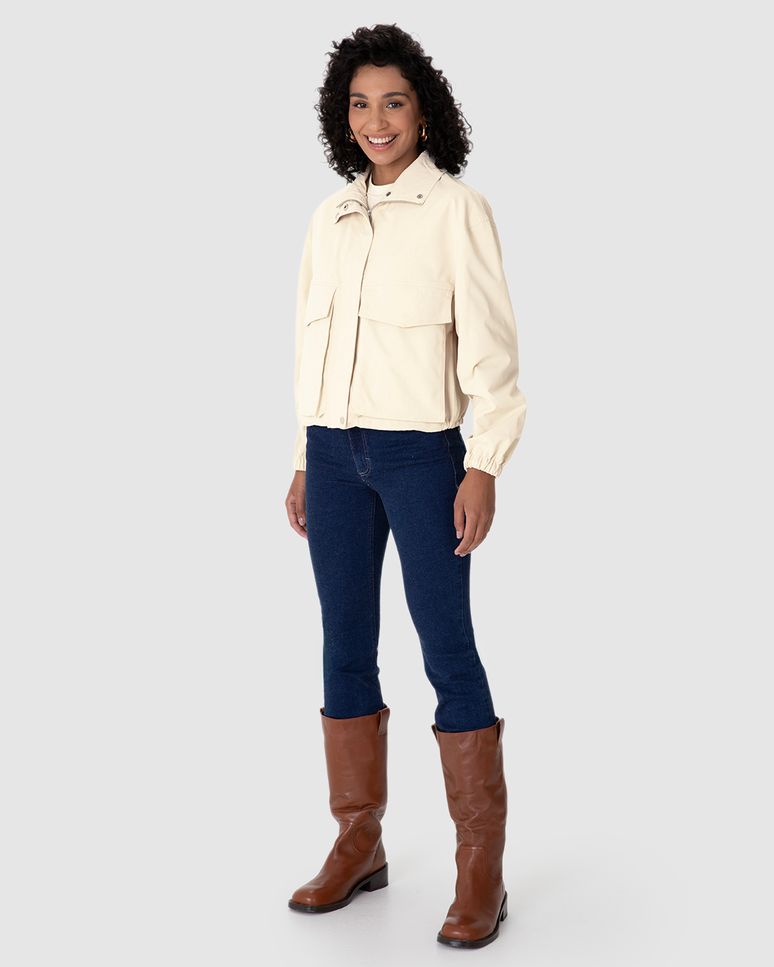 Jaqueta Feminina Bomber Bolso Utilitário Em Viscose Sarjada