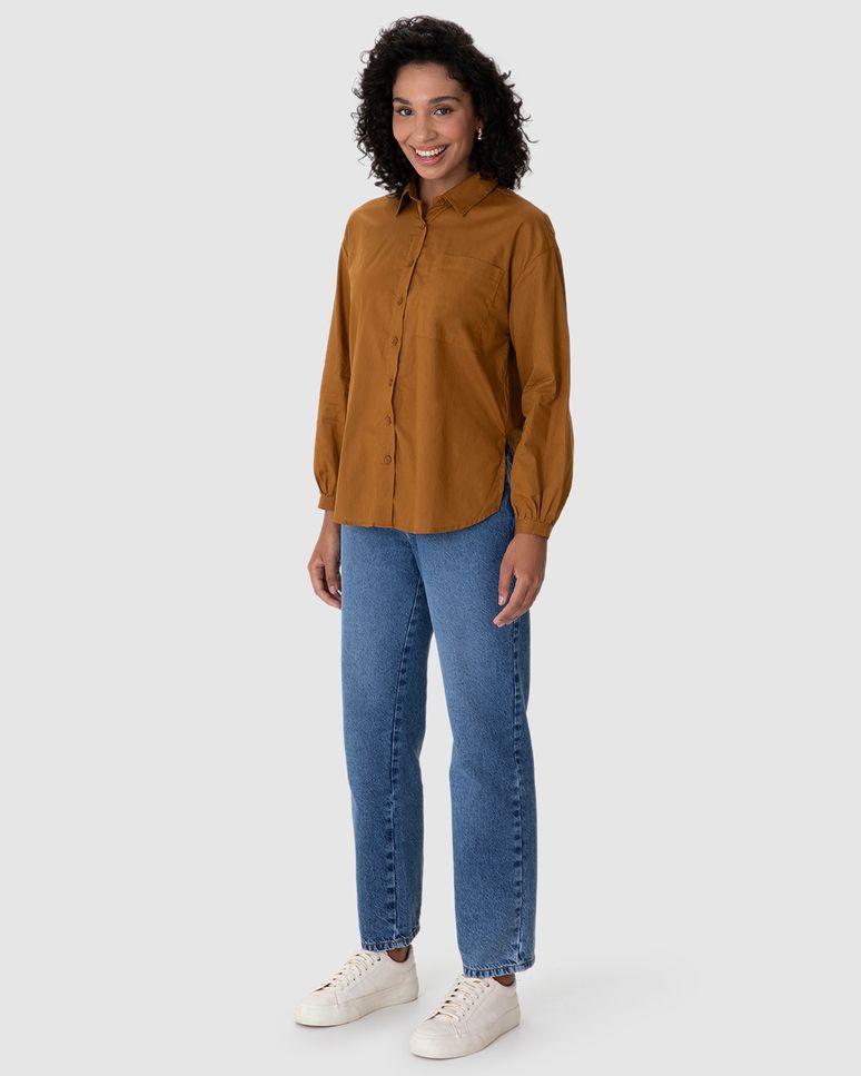 Camisa Ampla Feminina Bolso Frontal Manga Com Volume Em Tricoline