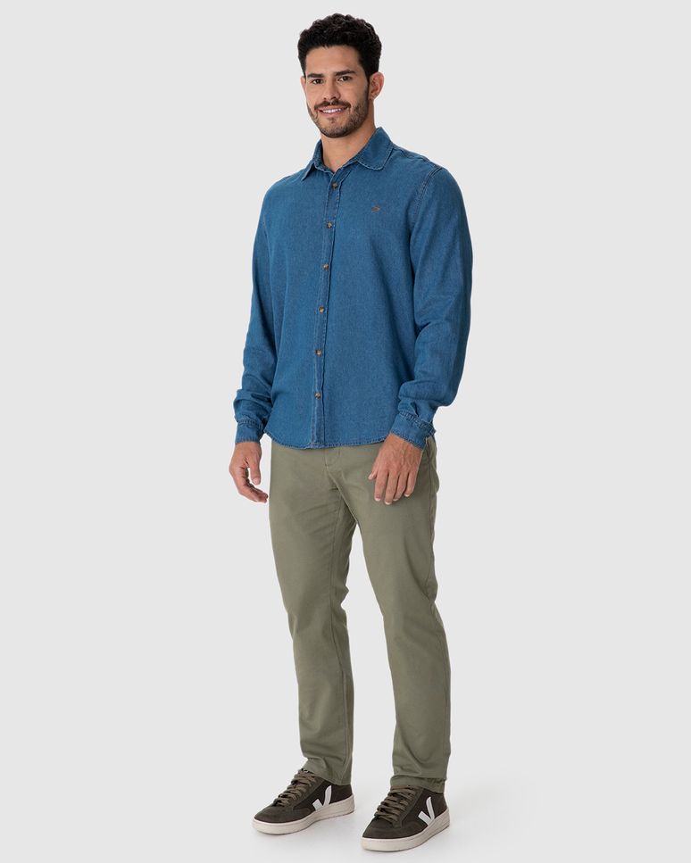 Camisa Masculina Tradicional Manga Longa Em Jeans Leve Soft