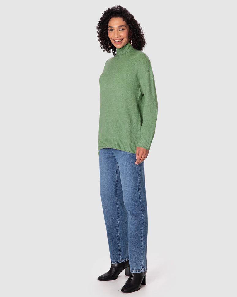 Suéter Feminino Oversized Gola Alta Manga Longa Em Tricô