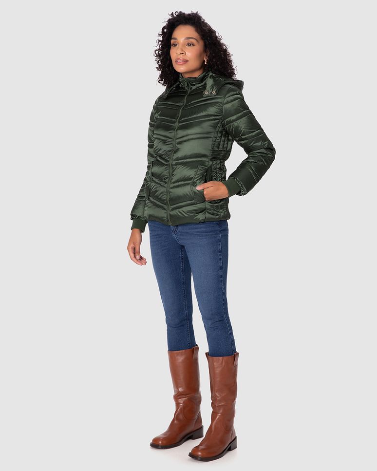 Jaqueta Puffer Feminina Capuz Removível Em Tafetá
