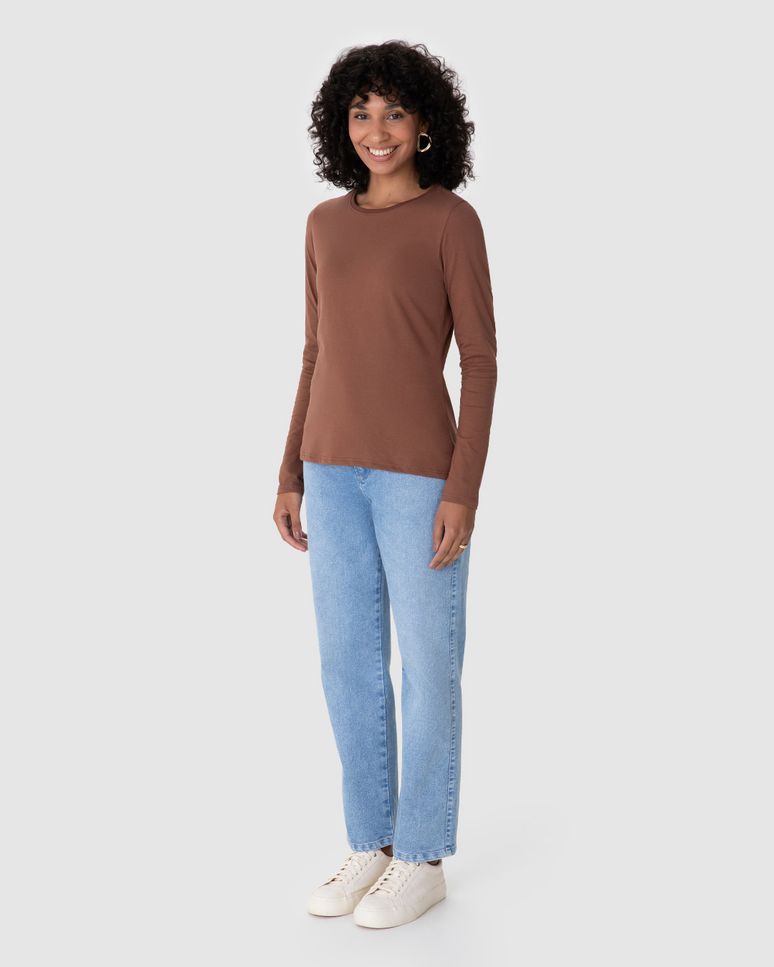 Blusa Básica Feminina Decote Redondo Manga Longa Em Algodão