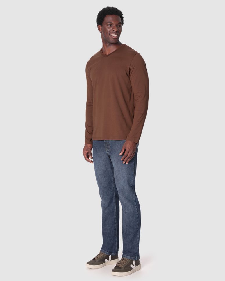 Camiseta Básica Masculina Decote V Manga Longa Em Algodão