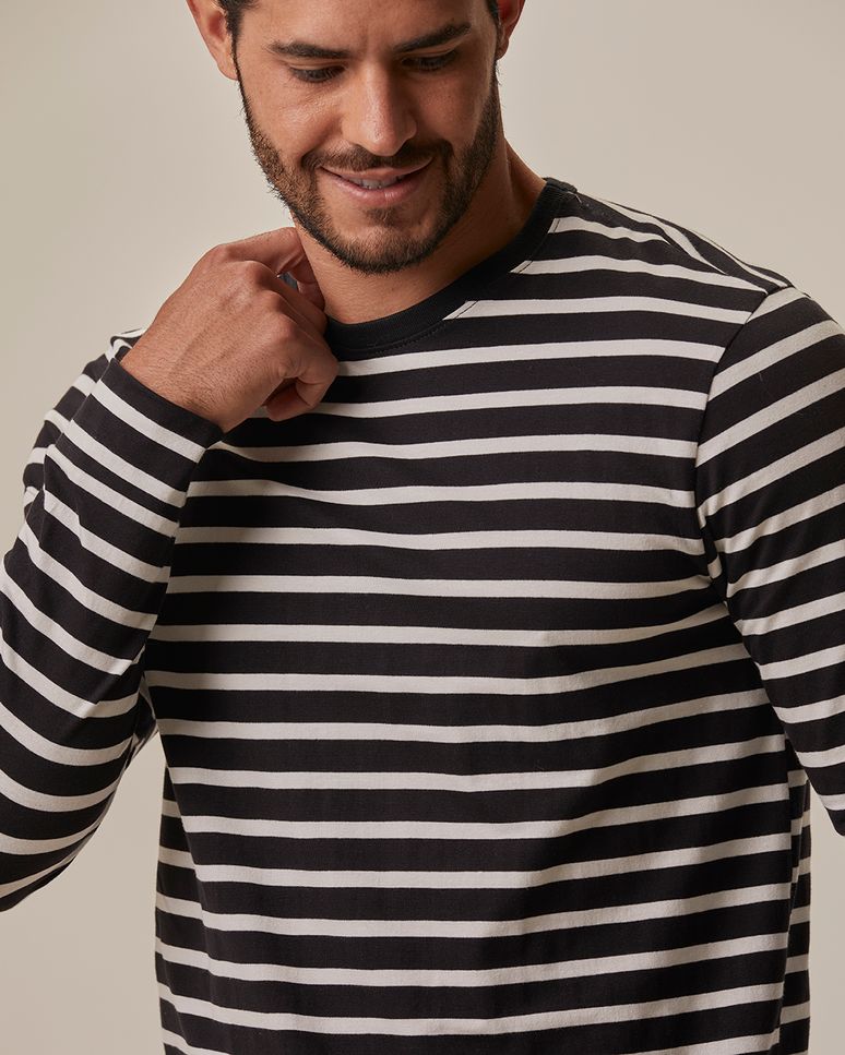 Camiseta Masculina Slim Listrada Manga Longa Em Algodão