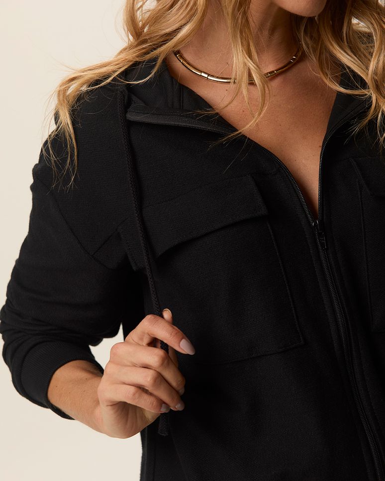 Jaqueta Feminina Ampla Abertura Zíper Bolso Frontal Em Moletom Sarjado