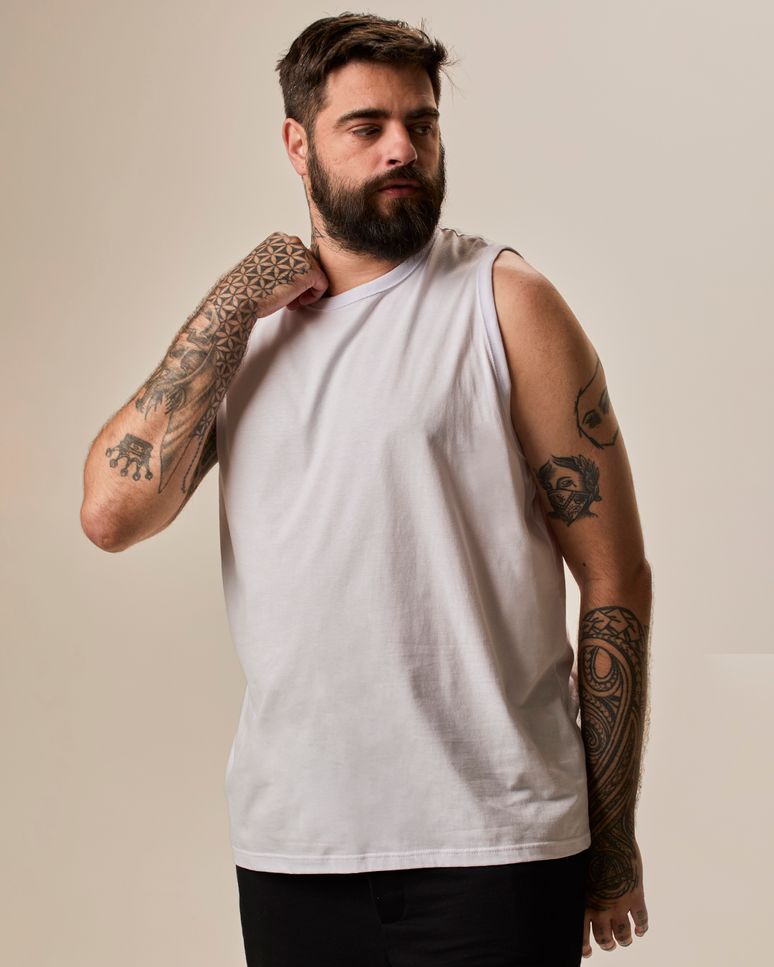 Regata Básica Masculina Plus Size Decote Redondo Alça Larga Em Algodão