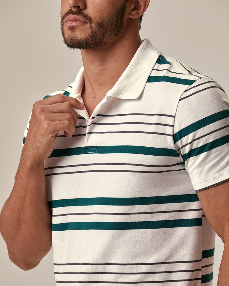 Camisa Polo Masculina Slim Listrada Peitilho Frontal Em Algodão