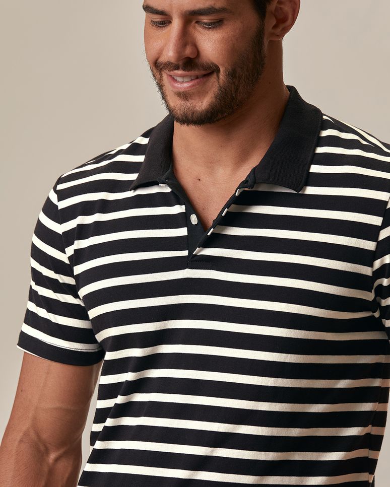 Camisa Polo Masculina Slim Listrada Peitilho Frontal Em Algodão