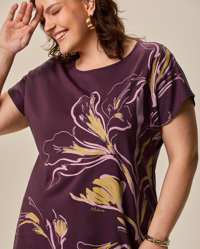 Blusa Feminina Plus Size Ampla Estampada Manga Curta Em Algodão