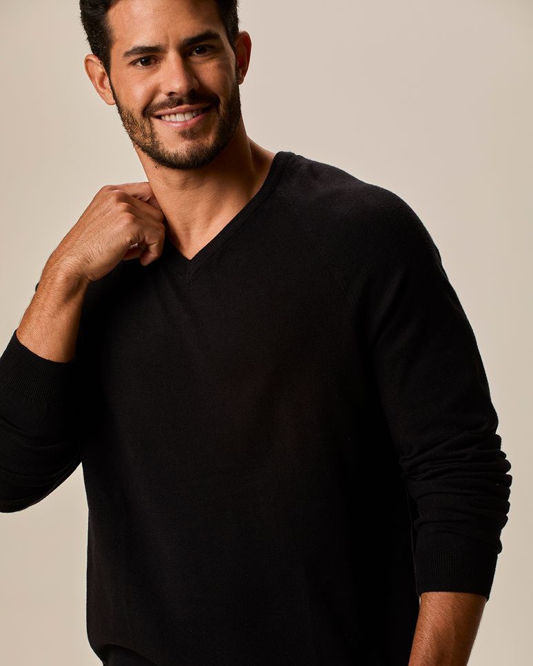 Suéter Masculino Gola V Manga Longa Em Tricô