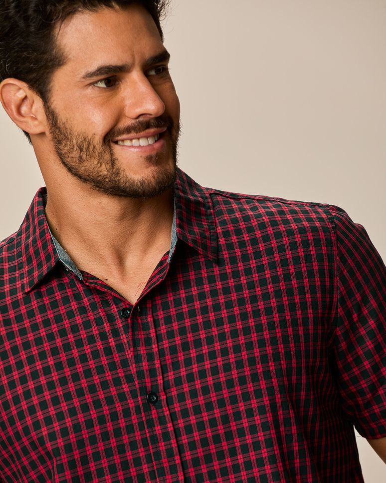 Camisa Masculina Xadrez Manga Curta Em Algodão Sarjado