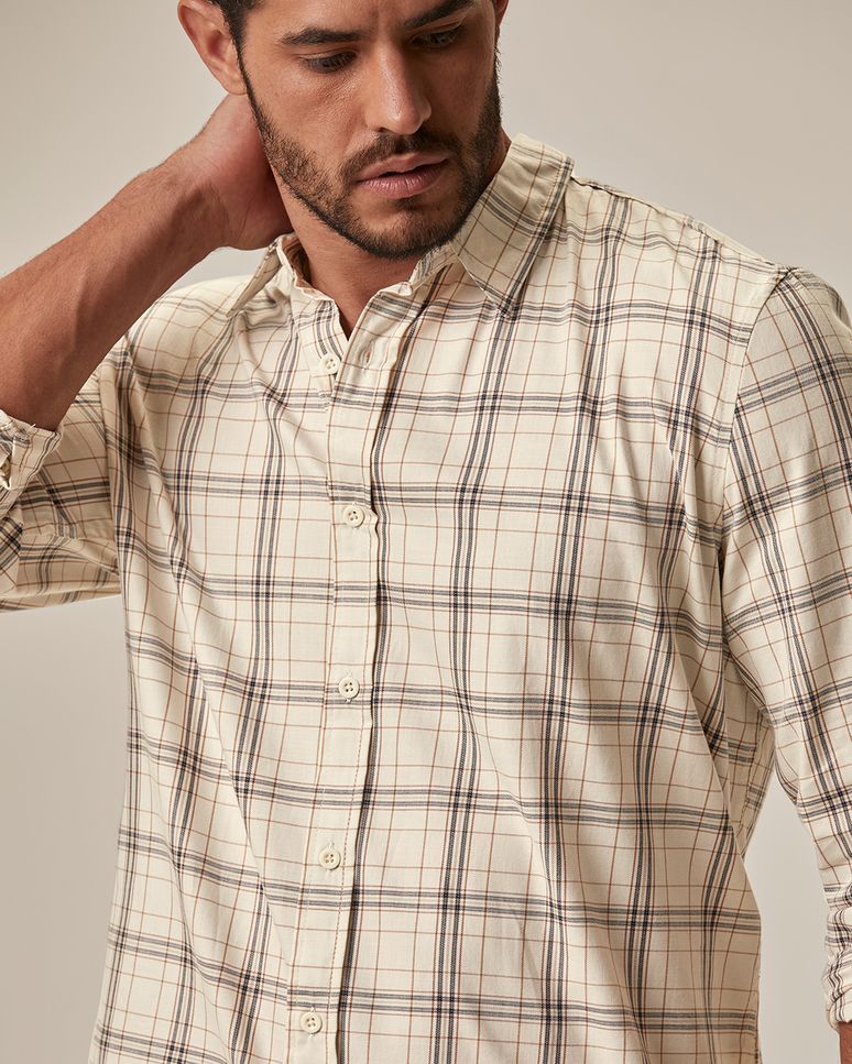 Camisa Masculina Xadrez Manga Longa Em Algodão Sarjado