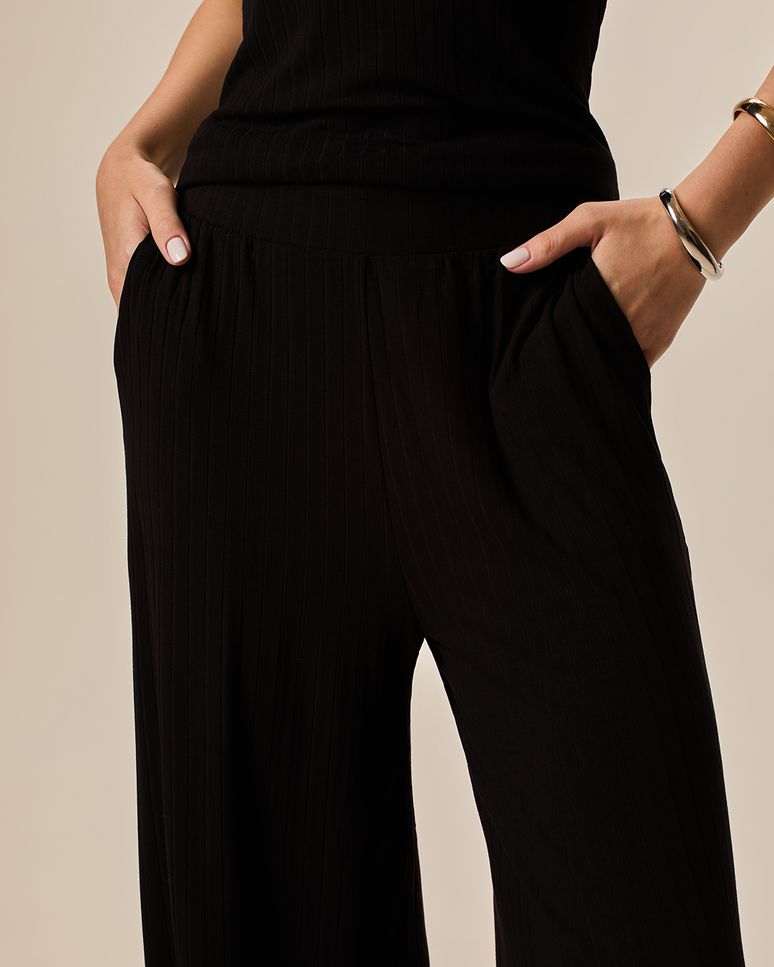 Calça Wide Leg Feminina Cintura Alta Em Malha Canelada De Viscose