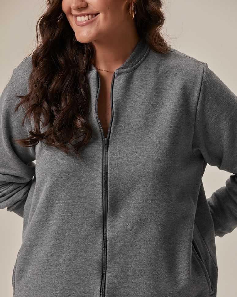 Jaqueta Básica Feminina Plus Size Gola Canelada Em Moletom Flanelado