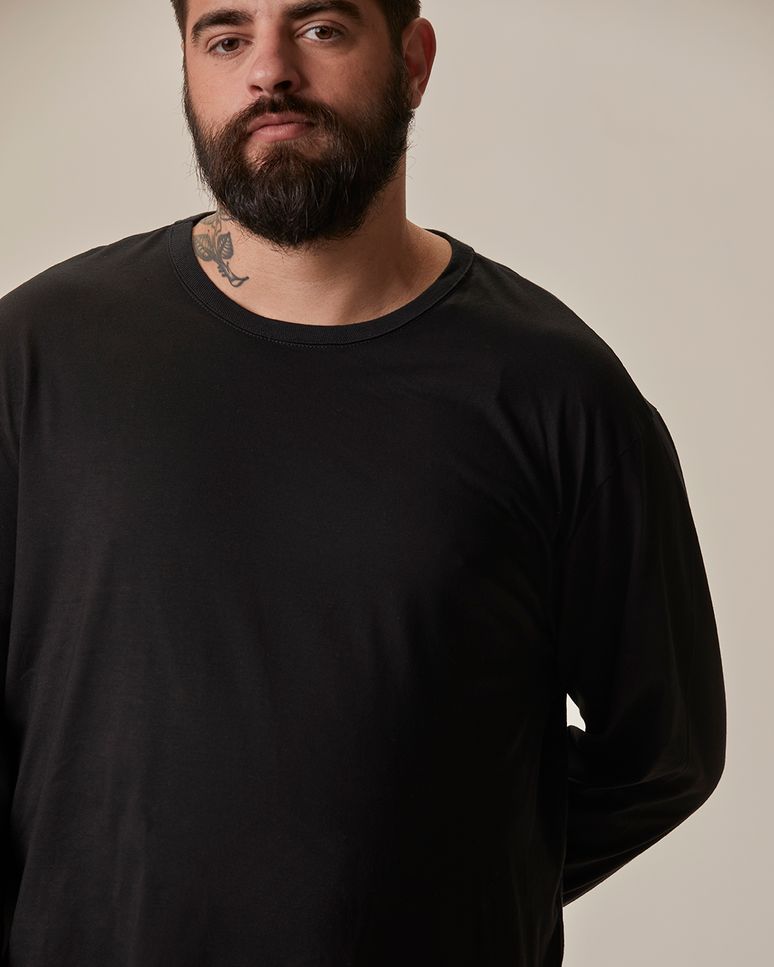 Camiseta Básica Masculina Plus Size Manga Longa Em Algodão