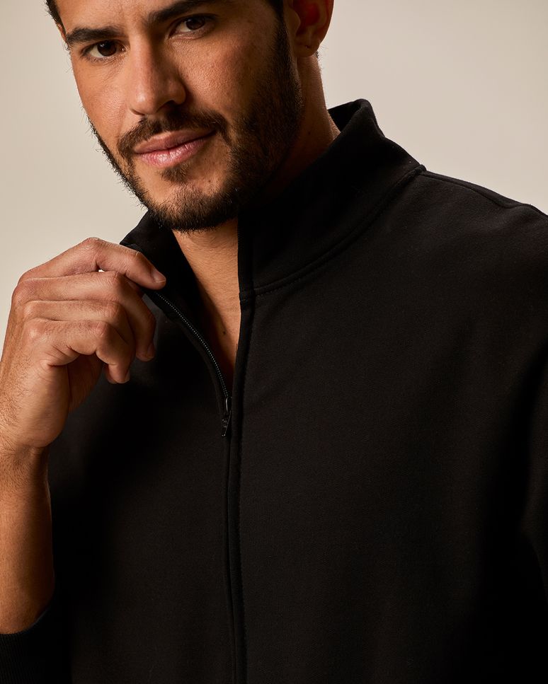 Jaqueta Básica Masculina Gola Alta Em Moletom Flanelado