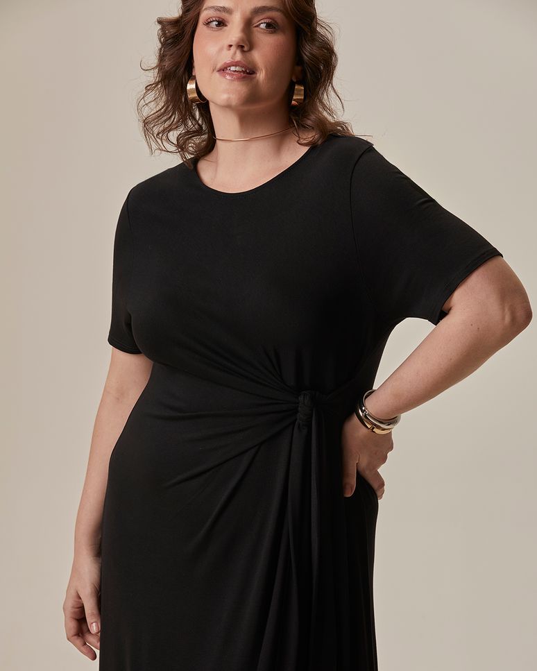 Vestido Midi Feminino Plus Size Detalhe Amarração Em Viscose Stretch