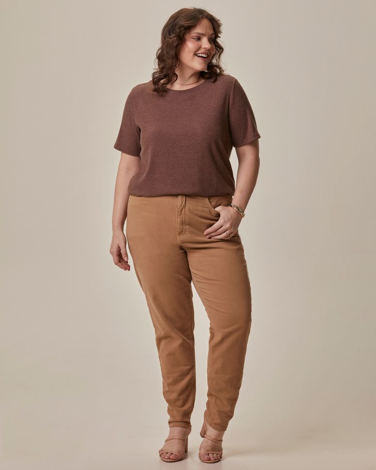 Blusa Feminina Plus Size Ampla Manga Curta Em Malha Canelada Rajada