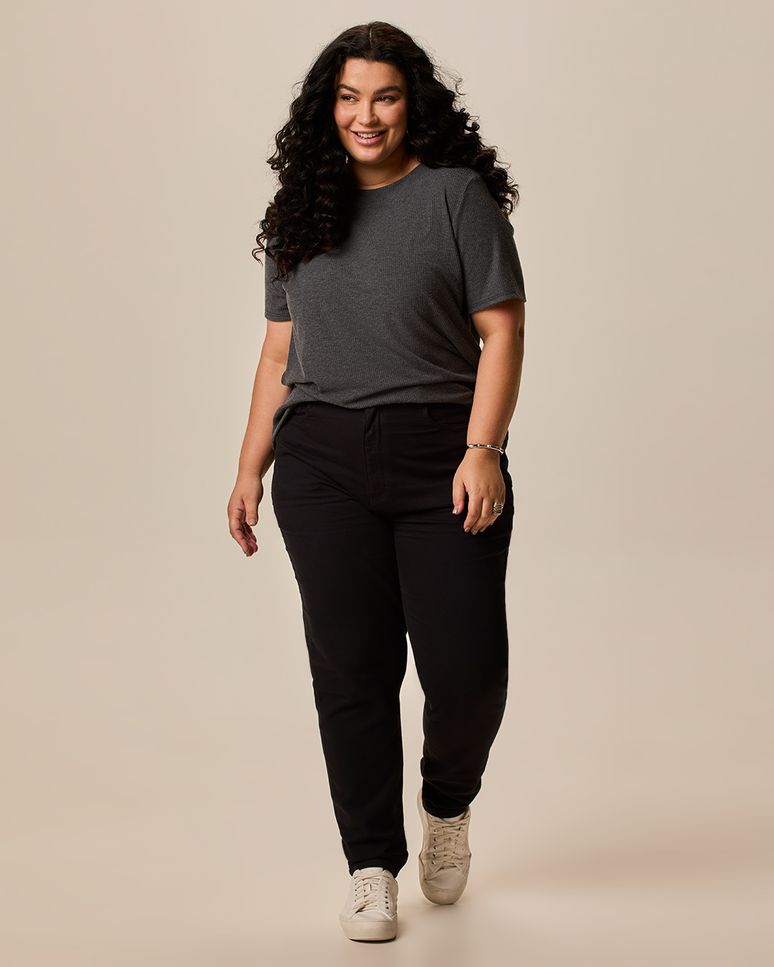 Blusa Feminina Plus Size Ampla Manga Curta Em Malha Canelada Rajada