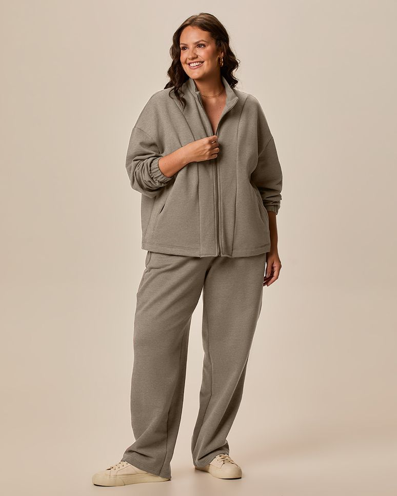 Jaqueta Feminina Plus Size Recorte E Gola Alta Moletom Mesclado Flanelado