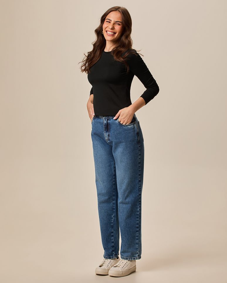 Blusa Básica Feminina Decote Redondo Manga Longa Em Malha Térmica