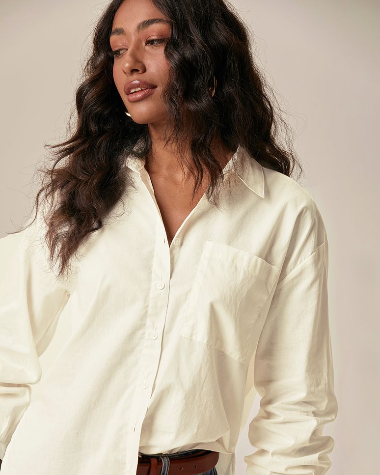 Camisa Ampla Feminina Bolso Frontal Manga Com Volume Em Tricoline