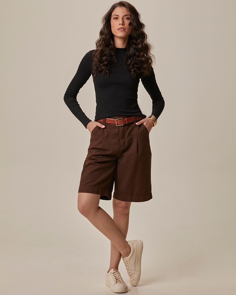 Blusa Básica Feminina Gola Alta Manga Longa Em Ribana