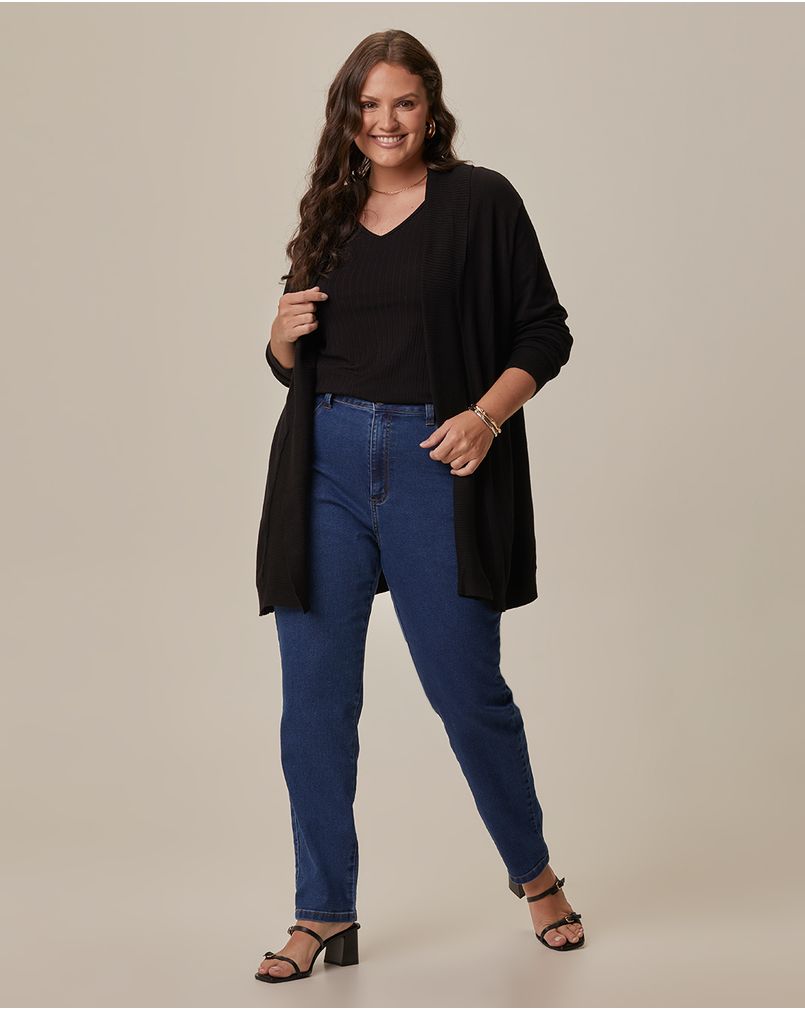 Cardigan Feminino Plus Size Alongado Em Tricô PRETO G4 - Malwee