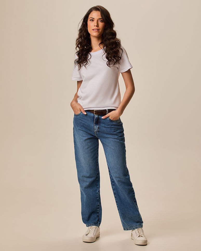 Blusa Básica Feminina Decote Redondo Com Pesponto Em Algodão