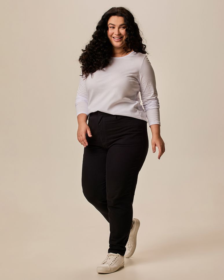 Blusa Básica Feminina Plus Size Manga Longa Em Algodão